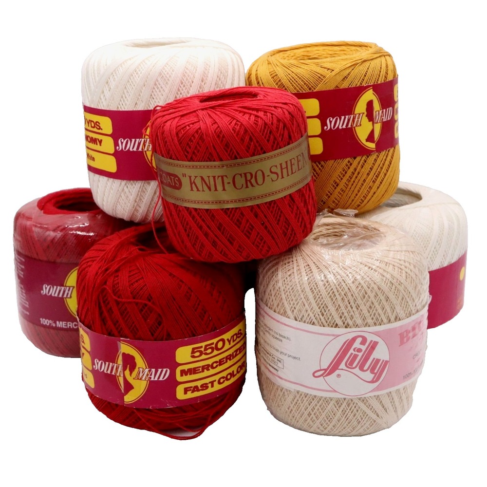 Lot of 8 Lily, J&P Coats & South Maid Cotton Crochet Thread White Red Gold Ecru